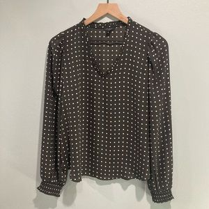 Ann Taylor Ruffle Puff Sleeve Slate Gray Polkadot V-Neck Long Sleeve Blouse XS